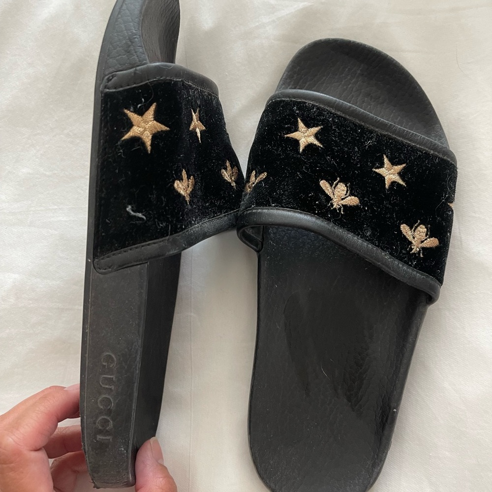 Authentic Gucci Slides In Black Velour With Gold … - image 1